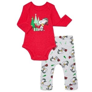 Peanuts Snoopy Christmas Holiday Baby Long Sleeve Bodysuit and Jogger Pants Set
